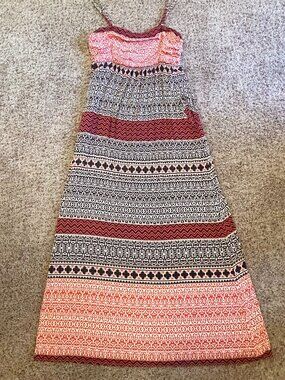 Soma Maxi Bra Dress XL Red Black Boho Tribal Print Spaghetti Strap Flowy Pockets